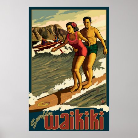 Surfing Waikiki - Honolulu, Hawaii Travel Poster