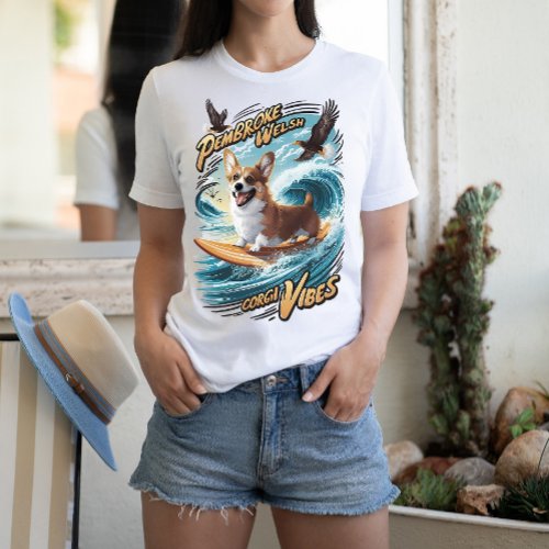 Surfing Welsh Corgi Catching Big Wave T_Shirt