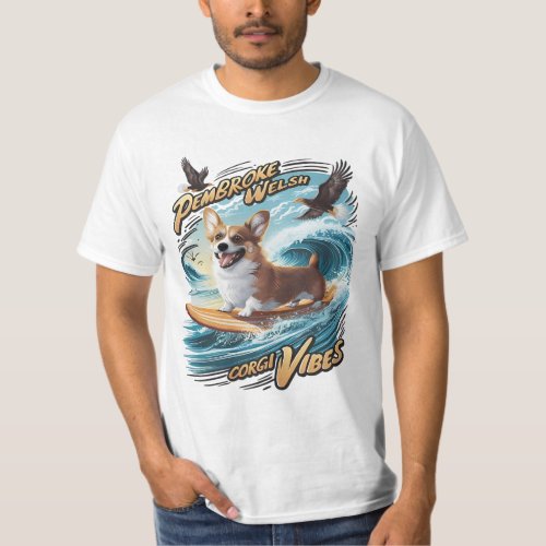 Surfing Welsh Corgi Catching Big Wave T_Shirt