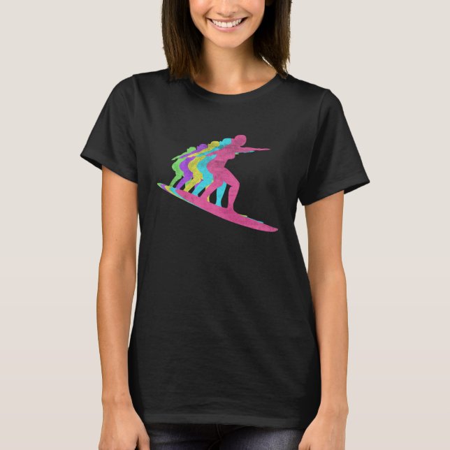 Surfing woman Wave Girl 80s Colors 1980s T-Shirt (Front)