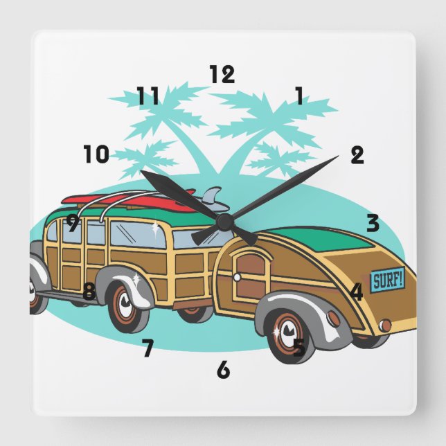 Surfing Woody Station Wagon Square Wall Clock (Front)
