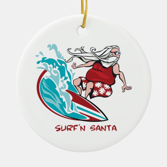 Surf'n Santa Ceramic Ornament (Front)