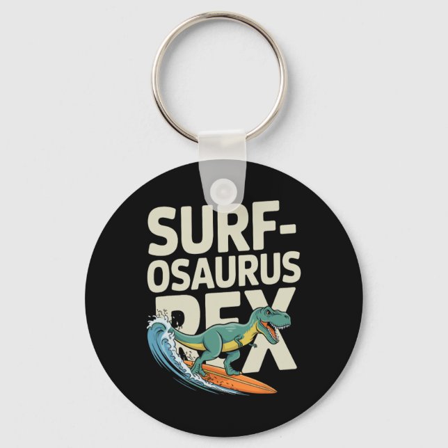Surfosaurus Rex Funny Surfing Dinosaur  Keychain (Front)