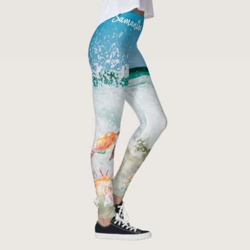 Surfs In Beach Watercolor Turtle Seashells Name Leggings