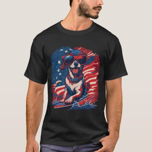 Surfs Up America Patriotic Pup Riding the Waves T_Shirt