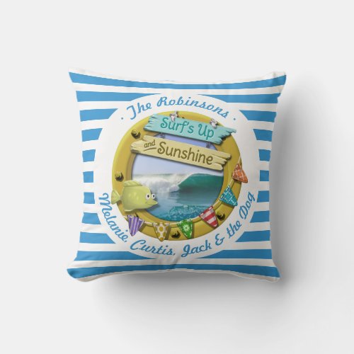 Surfs up and Sunshine Surfer Nautical Blue Throw Pillow