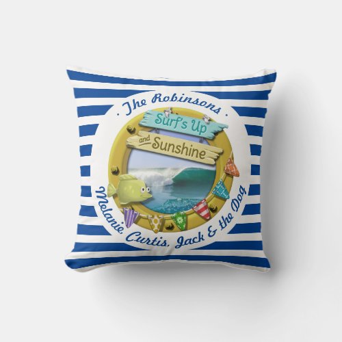 Surfs up and Sunshine Surfer Nautical Navy Blue Throw Pillow