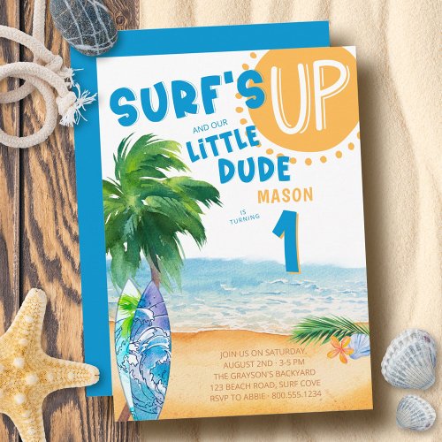 Surfs Up Any Age Little Dude Surfing Birthday Invitation