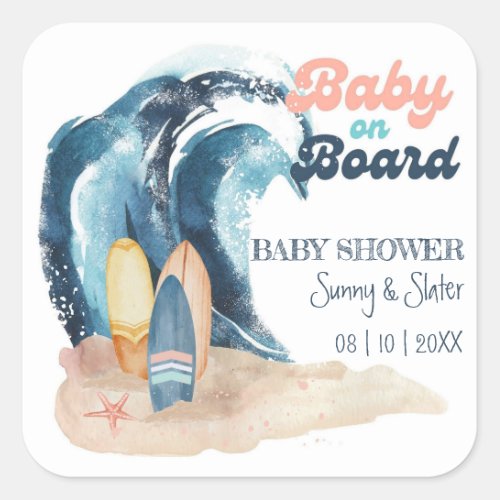 Surfs Up  Baby On Board Beach Baby Shower Square Sticker