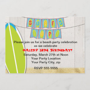 Surfs up Beach Party Surfboard Surfing Invitation