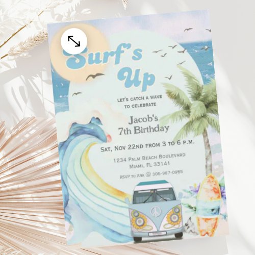 Surfs Up Beach Retro Blue Surf Summer Birthday  Invitation