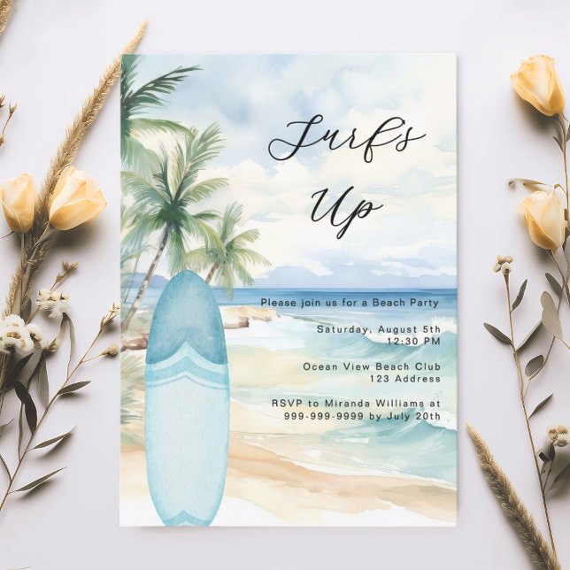 Surf's up beach surfboard beach summer party invitation (Creator Uploaded)