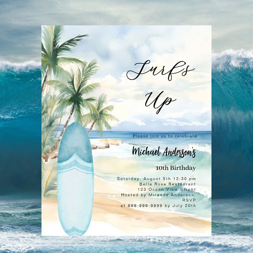 Surf's up beach surfboard birthday invitation