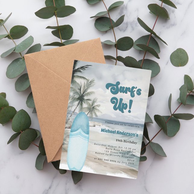 Surf's up beach surfboard retro birthday party invitation (Creator Uploaded)