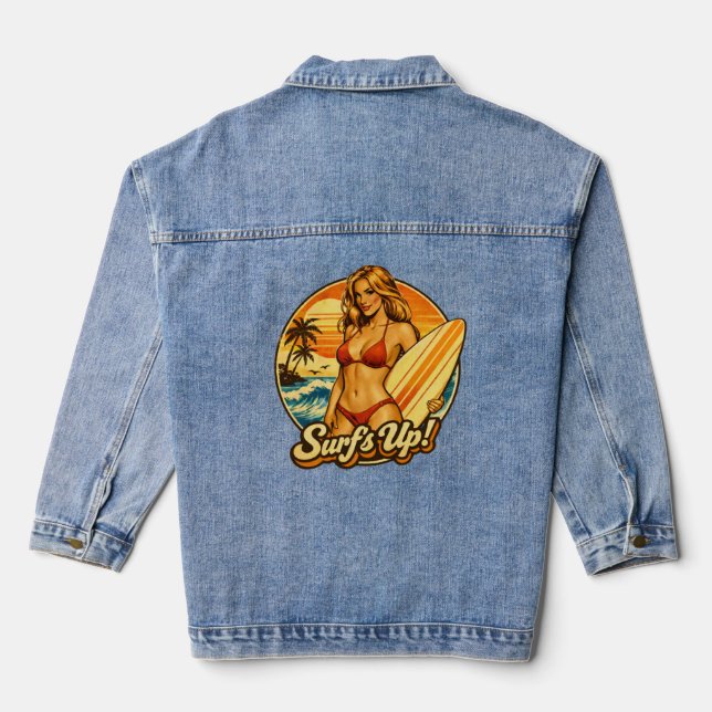 Surf's Up Bikini Pin-Up | Retro Surf Shop Graphic Denim Jacket (Back)