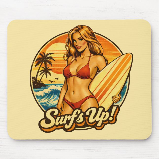 Surf's Up Bikini Pin-Up | Retro Surf Shop Graphic Mouse Pad (Front)
