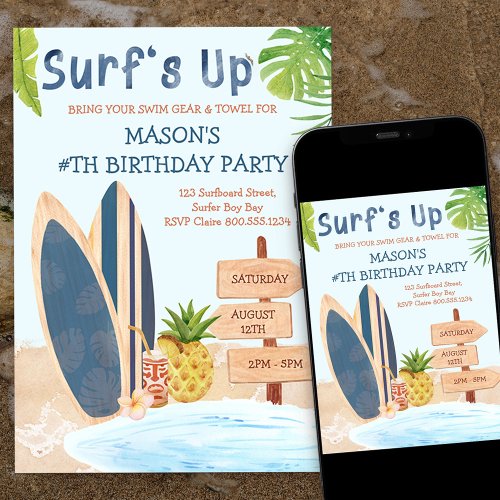 Surfs Up Birthday Party Boys Surfboard Invitation