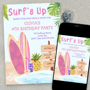 Surfs Up Birthday Party Girls Surfboard Invitation