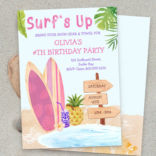 Surfs Up Birthday Party Girls Surfboard Invitation | Zazzle