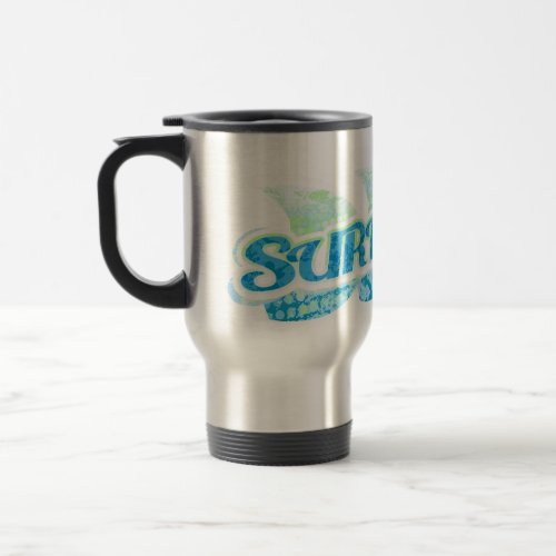 Surfs Up blue and green surfers travel mug