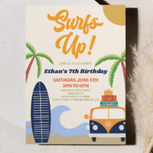Surfs Up! Blue Beach Surf Modern Birthday Party Invitation