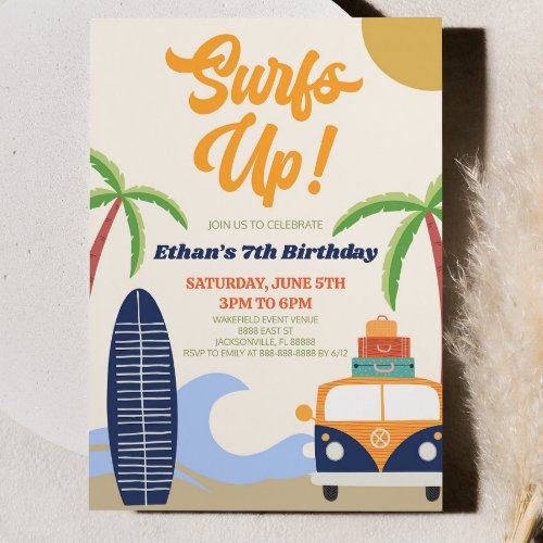 Surfs Up Blue Beach Surf Modern Birthday Party Invitation