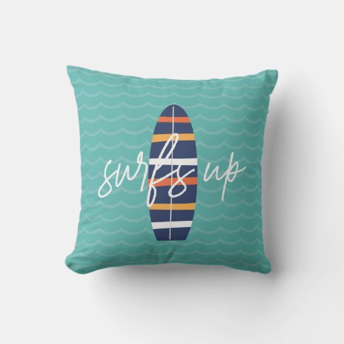 Surfs Up blue surfboard and waves Throw Pillow