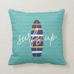 Surfs Up blue surfboard and waves Throw Pillow<br><div class="desc">surfs up blue surfboard and waves pillow</div>