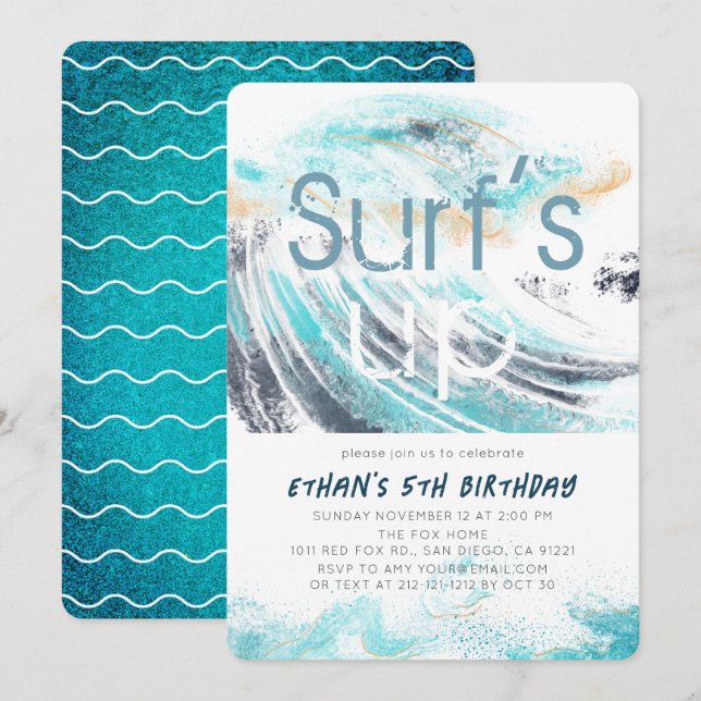 Surf's Up Blue Wave Splash Surfing 1st Birthday  Invitation (Front/Back)