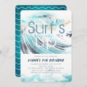 Surf's Up Blue Wave Splash Surfing 1st Birthday Invitation
