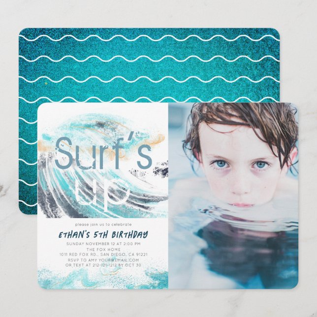 Surf's Up Blue Wave Surfing Birthday Photo Invitation (Front/Back)