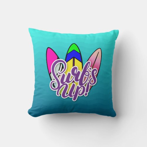 Surfs Up blue waves  and surfboards Throw Pillow
