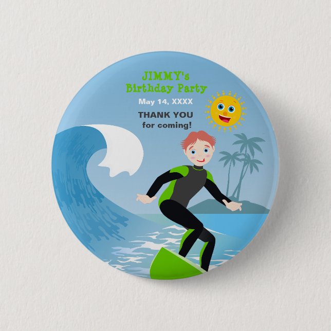 Surf's up boy Birthday Party Button (Front)