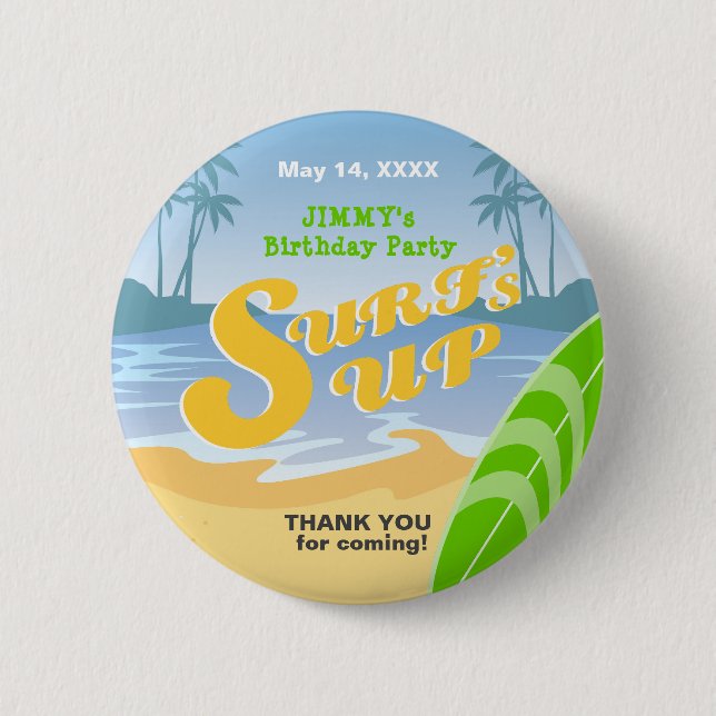 Surf's up boy Birthday Party Button (Front)