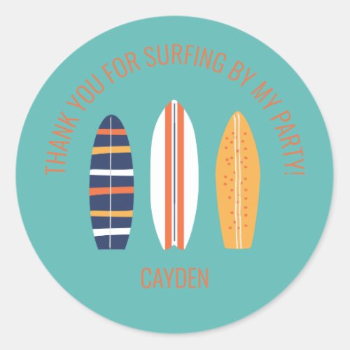 surfs Up BOY Surfboard beach Birthday Party Favor  Classic Round Sticker