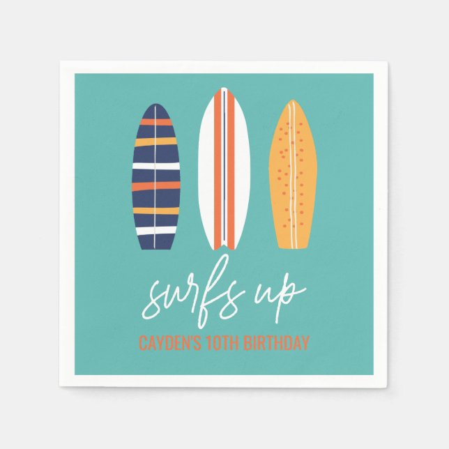 Surfs Up BOY Surfboard beach Birthday Party Napkins (Front)