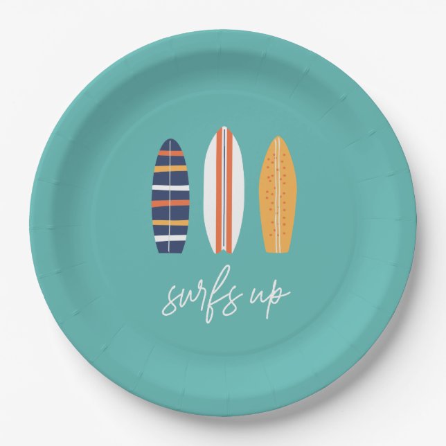 Surfs Up BOY Surfboard beach Birthday Party Paper Plates (Front)