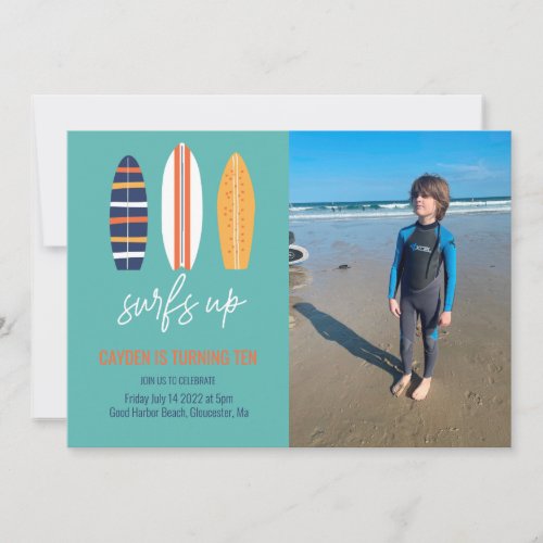 Surfs Up BOY Surfboard beach Birthday Party photo Invitation