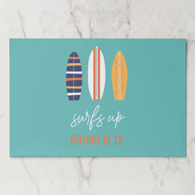 Surfs Up BOY Surfboard birthday party placemats (Front)