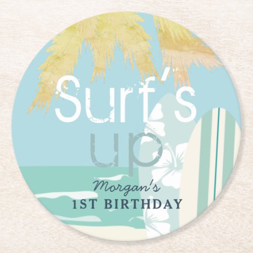 Surfs Up Boy Surfboards Beach 1st Birthday Round Paper Coaster