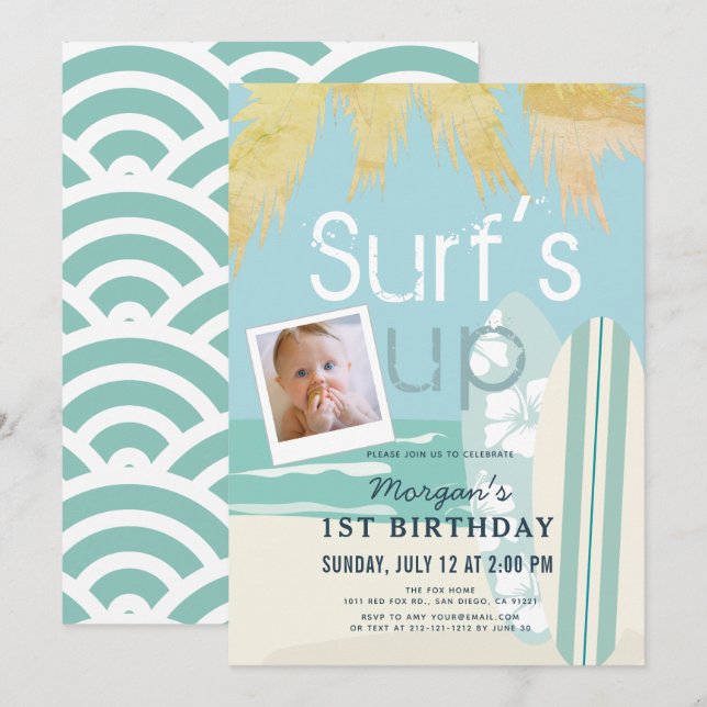 Surf's Up Boy Surfboards Beach Photo 1st Birthday Invitation (Front/Back)