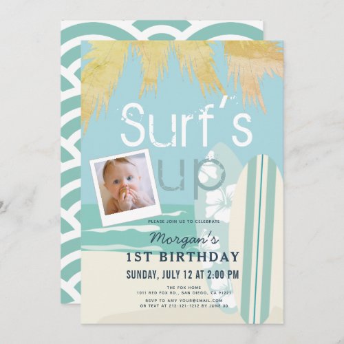 Surfs Up Boy Surfboards Beach Photo 1st Birthday Invitation