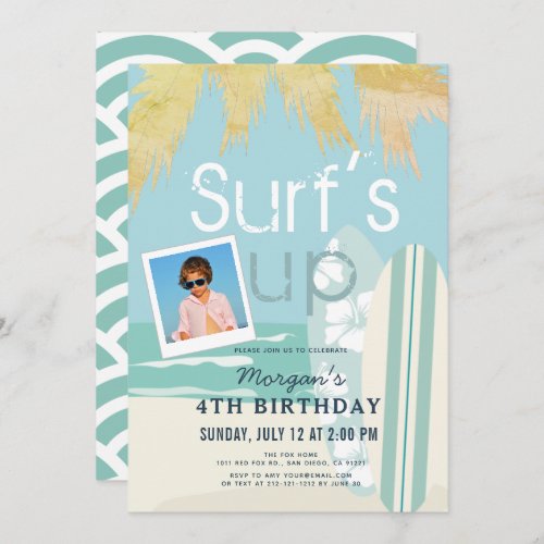 Surfs Up Boy Surfboards Beach Photo Birthday Invitation
