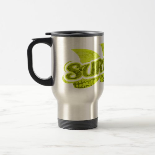 Surfs Up bright green surfer travel mug