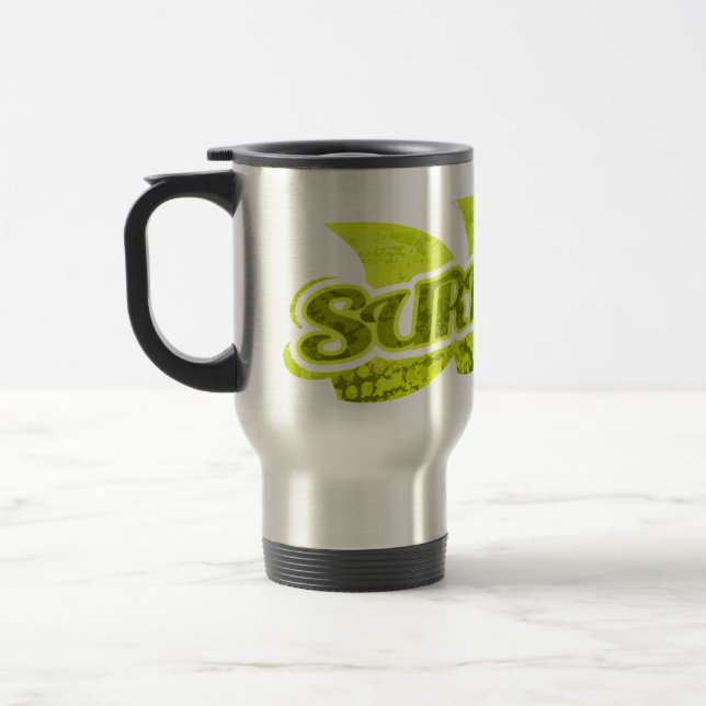 Surf's Up bright green surfer travel mug (Left)