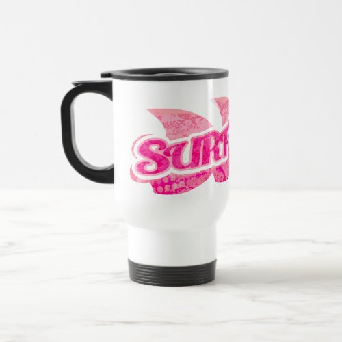 Surfs Up bright pink girls surfer travel mug