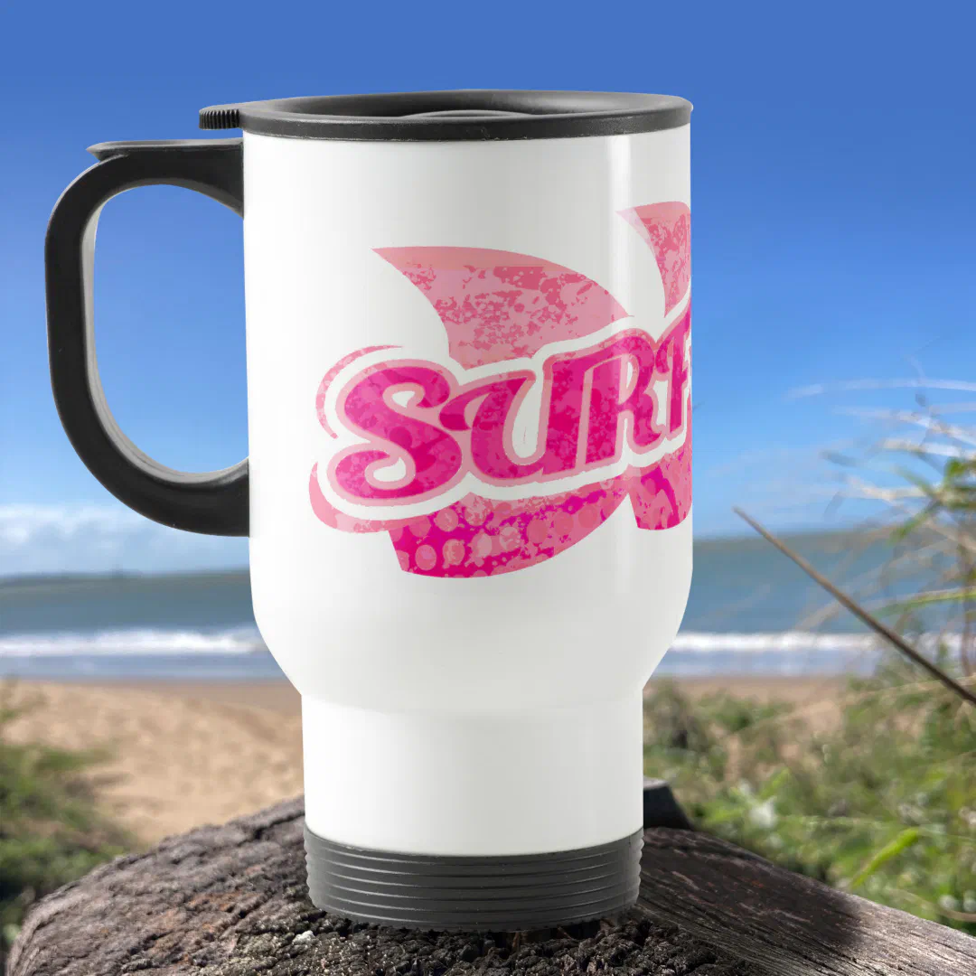 Surf's Up bright pink girls surfer travel mug
