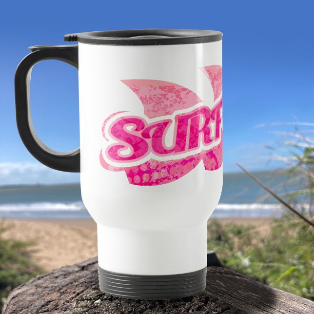 Surf's Up bright pink girls surfer travel mug (Creator Uploaded)