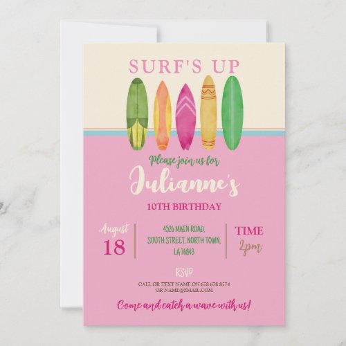 Surfs Up Catch a wave Surf Blue Beach Girls Invitation