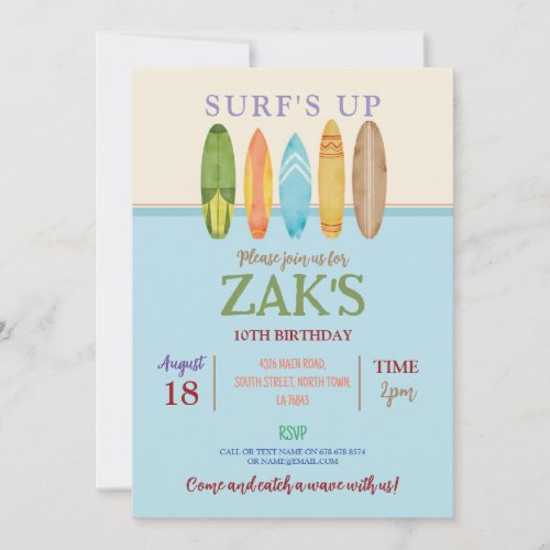 Surfs Up Catch a wave Surf Blue Beach Invitation